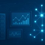 Digital illustration of data servers and graph visuals on a circuit board background