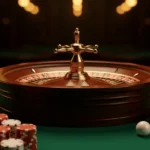Close-up of a roulette wheel with stacked poker chips and a white ball on a green felt table