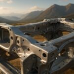 Close-up of a metal chassis frame against a mountainous background