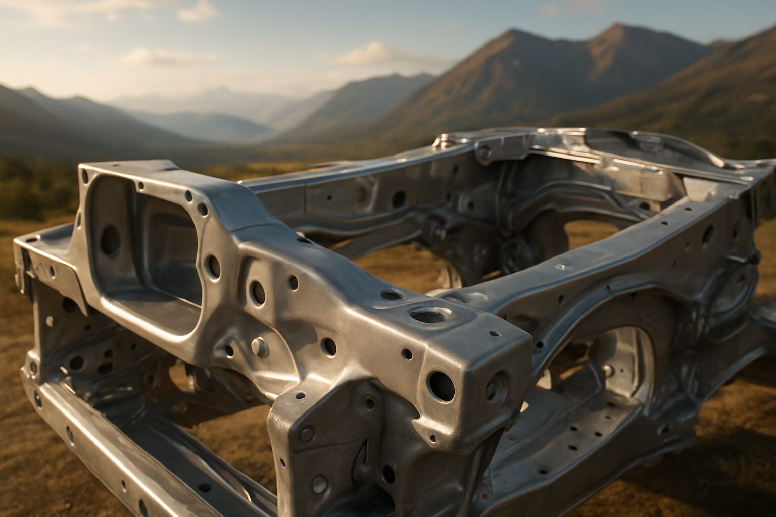 Close-up of a metal chassis frame against a mountainous background