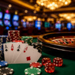 Close-up of poker cards, chips, and roulette wheel on a casino table