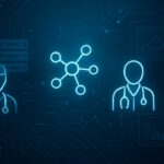 Illustration of healthcare professionals and a network connection on a blue background with circuit patterns