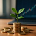 Plant growing from a stack of coins on a wooden table, with a blurred finance graph in the background.
